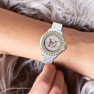 Montre à monogramme D en or rose et rose tendance