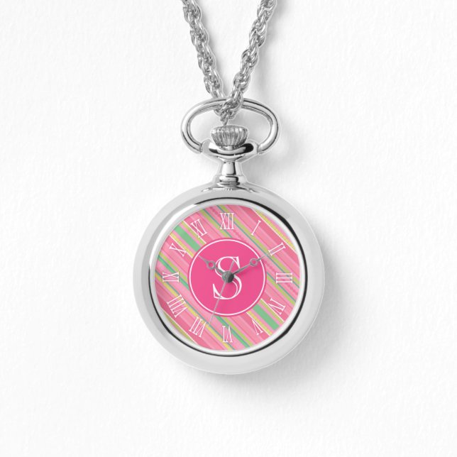 Montre à monogramme graphique à rayures roses et v (Recto)