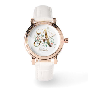 Montre à monogramme initial A floral or élégant