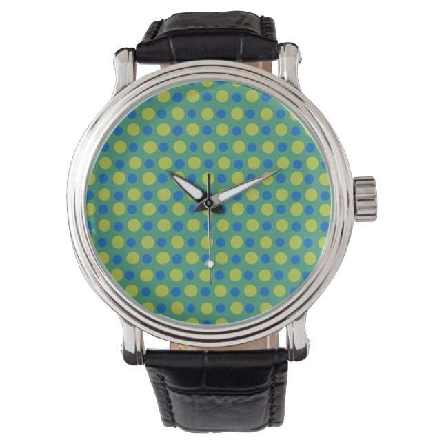Montre à poignet vintage : Bleu, Pois verts (devant)