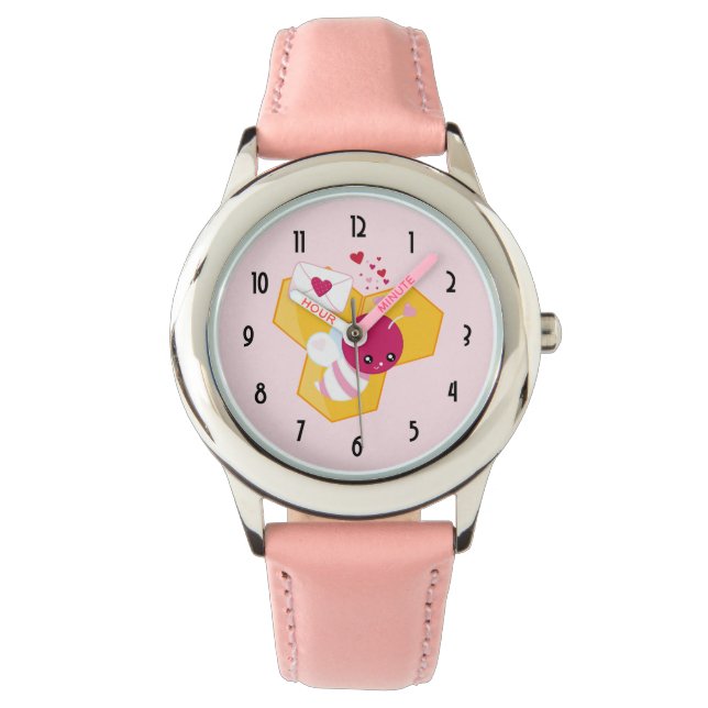 Montre Abeille mignonne aux Coeurs de Saint-Valentin rose (devant)