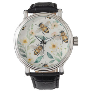 Montre Abeilles et fleurs - Crème Floral Miel Motif