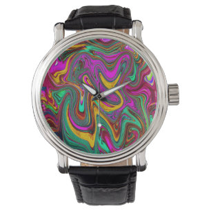 Montre Abstrait d'Art en Rose Chaud Marbré et Vert Mousse