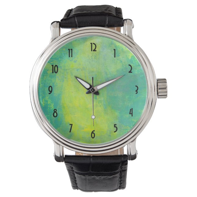 Montre Abstrait lumineux et vif en vert et jaune (devant)