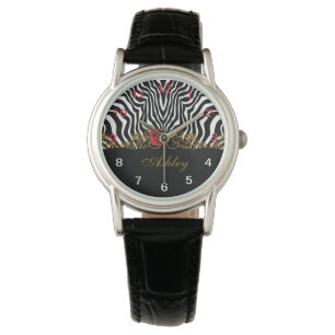Montre Abstraite Fleur Zèbre Rouge Noir Blanc Or