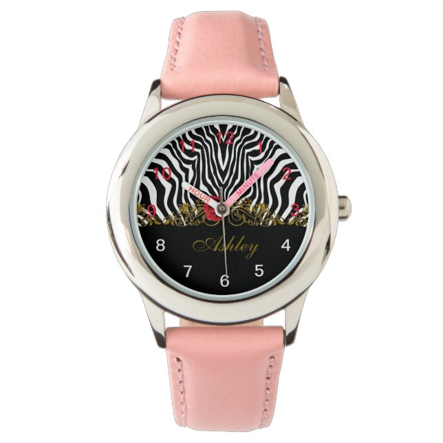 Montre Abstraite Fleur Zèbre Rouge Noir Blanc Or (devant)