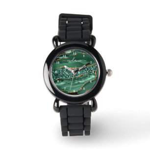 Montre Agate Green Gold Emerald Custom Name Watch Cadeau