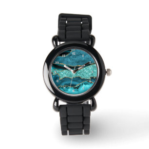 Montre Agate Turquoise Bleu Or Paillettes Marbre Aqua Tur