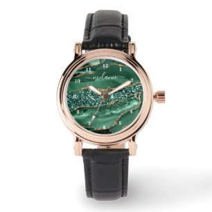 Montre Agate Vert Or Pailleté Géode Marbre Nom Personnali