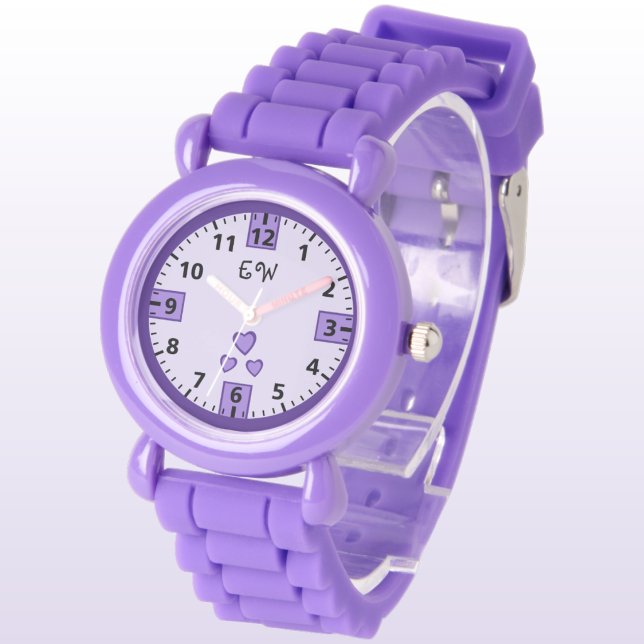 Montre Ajouter les coeurs initiales enfants violets (Créateur téléchargé)