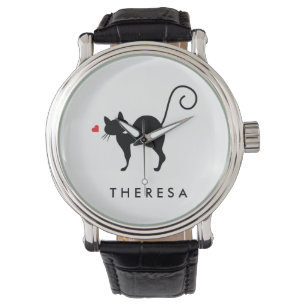 Montre Ajouter votre nom Chat silhouette avec coeur