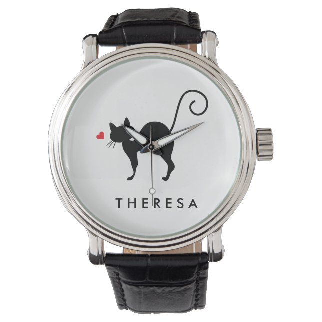 Montre Ajouter votre nom Chat silhouette avec coeur (devant)