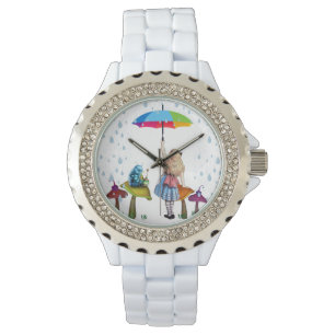 Montre Alice Wonderland, Enamel blanc de Rhinestone