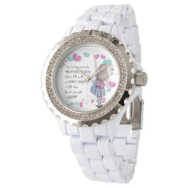Montre Alice Wonderland, Enamel blanc de Rhinestone (Incliné)