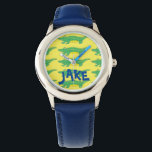 Montre Alligator personnalisé Gator Crocodile Croc Watch<br><div class="desc">La montre présente une illustration originale d'un indicateur vert et jaune. Personnalisez simplement avec le nom du destinataire !</div>