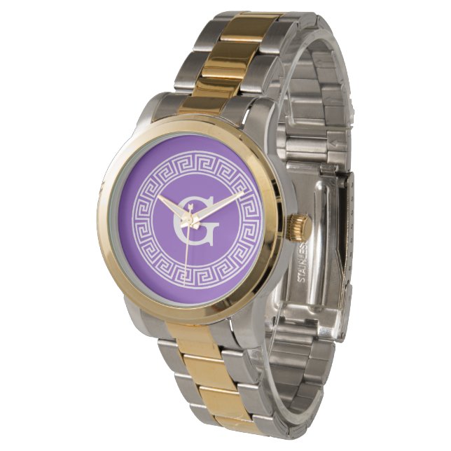 Montre Améthyste Wht Cadre Rnd Clé Grecque Monogramme Ini (Incliné)