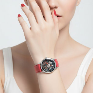Montre analogique féminine à strap rouge floral él