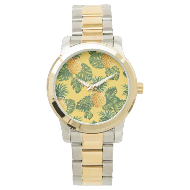 Montre Ananas & Feuilles Tropicaux En Or (devant)