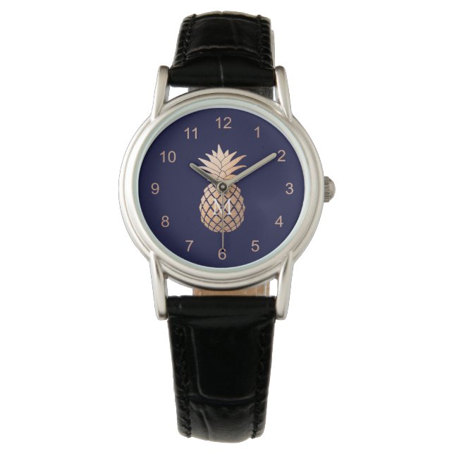 Montre Ananas Rose en or Faux sur bleu marine et monogram (devant)