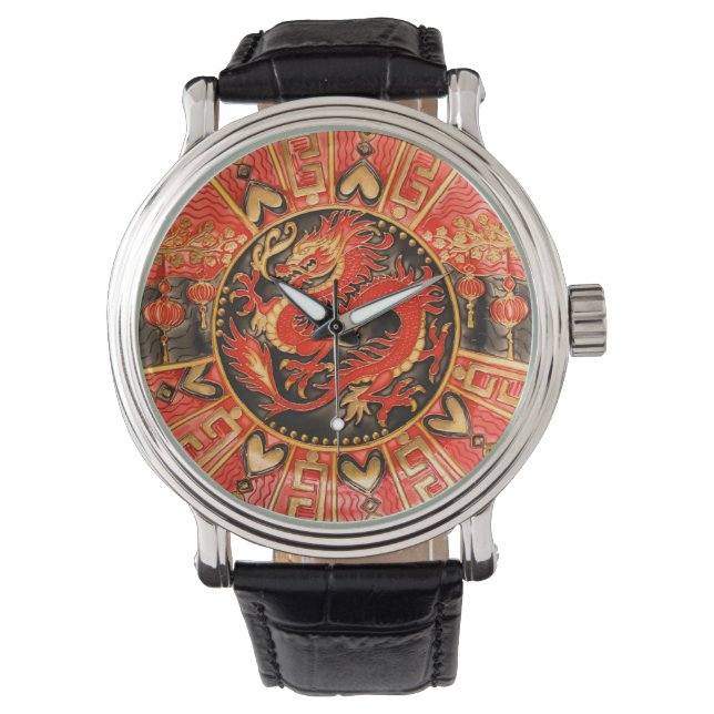 Montre Ancien Dragon chinois traditionnel Rouge Or Or (devant)