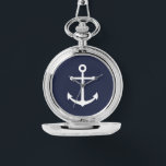 Montre Ancre bleue marine<br><div class="desc">Cadeau nautique minimaliste moderne avec ancre blanche sur arrière - plan bleu marine.</div>