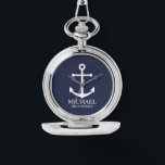 Montre Ancre Bleue marine Nautique Groomsmen personnalisé<br><div class="desc">Nautique Personnalisé Groomsmen Cadeau Ce design présente une ancre blanche et le nom de toiletteur personnalisé avec titre en blanc classique serif style police sur arrière - plan bleu marine. Aussi parfait pour le meilleur homme, père de la mariée et plus.</div>