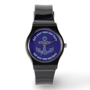 Montre Ancre Chevron bleu Texte personnalisé nautique