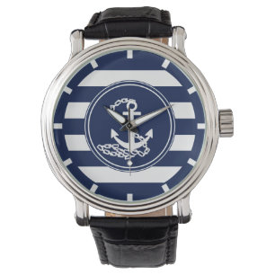 Montre Ancre Sur Bleu Nautique Et Bleu Blancs