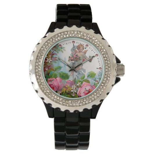 MONTRE ANGE ROMANTIQUE RASSEMBLANT ROSES ET FLEURS ROSES (devant)