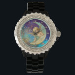 MONTRE ANGEL LUNE EN PARKLES JAUNES BLEU<br><div class="desc">.Whimsical mignon cheveux blonde,  aux yeux bleus ange romantique accroché sur le croissant Lune en étincelles florales or,  turquase,  bleu aqua,  turquoise,  violet couleurs avec feuille d'or et d'argent mélange de peinture de médias. C'est aussi une belle pour Noël,  occasions spéciales,  anniversaires et mariage.</div>