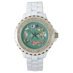 Montre Animaux de ferme Monogramme vert d'eau
