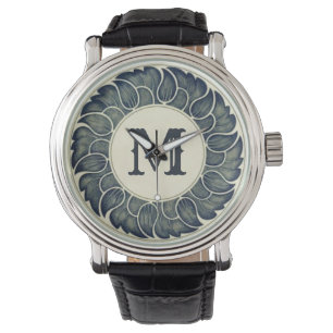 Montre Antique japonaise feuille Art à l'encre Monogramme
