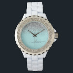 Montre Aqua bleu Turquoise Parties scintillant argent Mon<br><div class="desc">Aqua Blue - Turquoise et Silver Sparkle Parties scintillant Script Monogramme Nom Monographie. Cela fait le cadeau parfait de remise de diplômes,  anniversaire,  mariage,  douche nuptiale,  anniversaire,  baby shower ou bachelorette pour quelqu'un qui aime le luxe glam et les styles chic.</div>