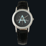 Montre Aqua Teal Blue Script Girly Monogram<br><div class="desc">Black and Aqua Turquoise Bleu Simple Script Monogramme Nom Montre. Cela fait le cadeau parfait de remise de diplômes,  anniversaire,  mariage,  douche nuptiale,  anniversaire,  baby shower ou bachelorette pour quelqu'un qui aime le luxe glam et les styles chic.</div>