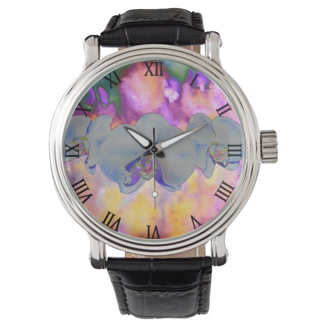Montre Aquarelle Abstraite orchidées tropicales (devant)