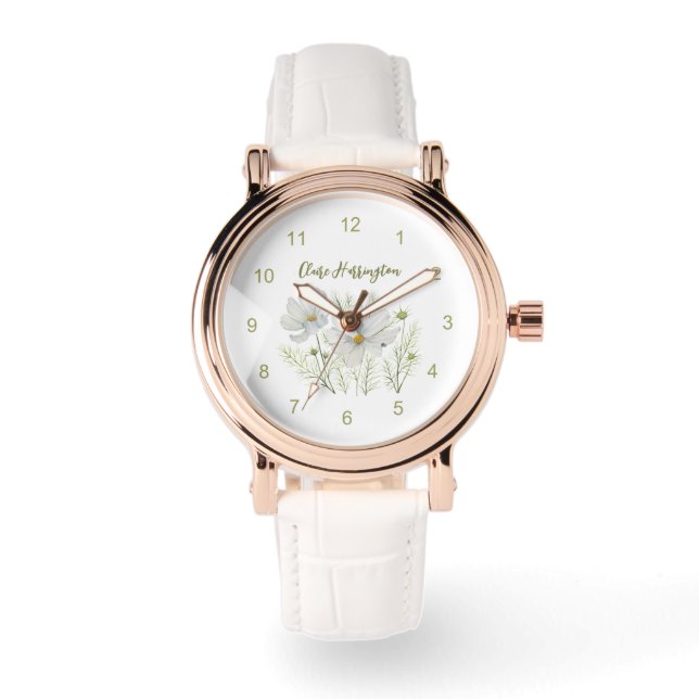 Montre Aquarelle Blanc Cosmos Fleurs Peinture Botanique (Recto)