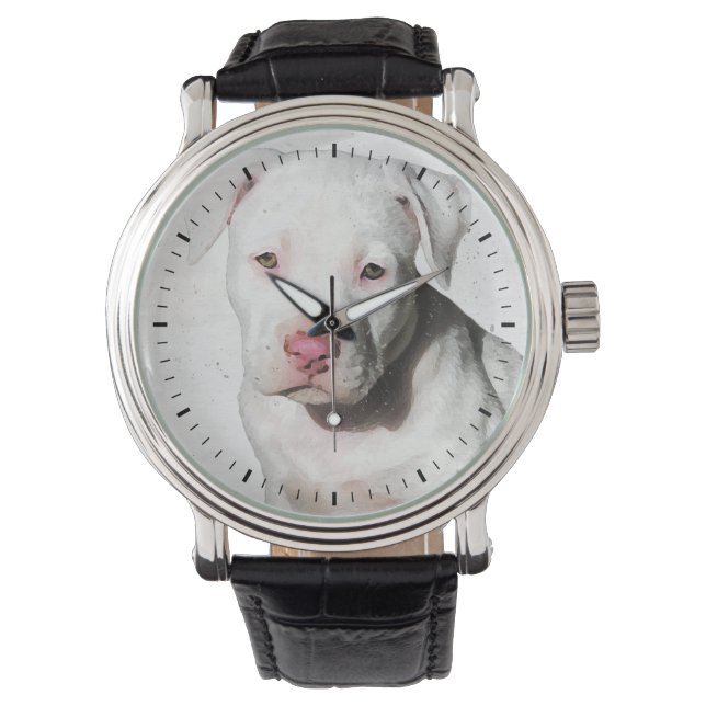 Montre Aquarelle blanche Pitbull Puppy Noir Marques (devant)