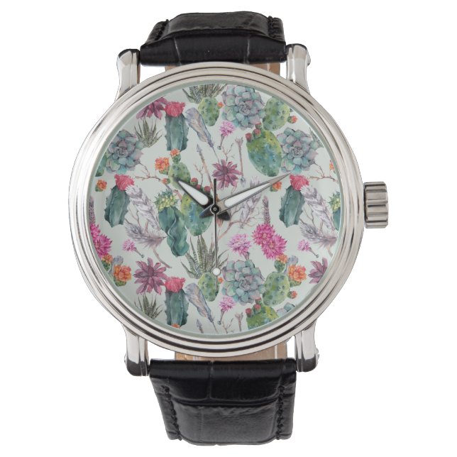 Montre Aquarelle Boho exotique Cactus et Motif succulent (devant)