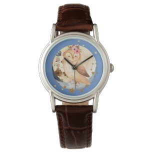 Montre Aquarelle Chouette Fleurs Lune et étoiles