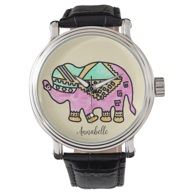 Montre Aquarelle colorée Eléphant (devant)