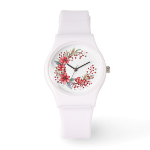 Montre Aquarelle Courbe de Noël Poinsettia Holly Berry