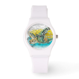 Montre Aquarelle de la tortue marine Carte Vintage blanc