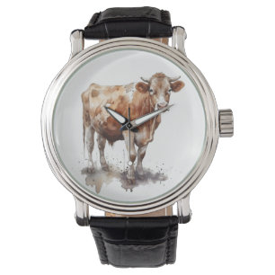 Montre aquarelle d'une vache dans un pâturage