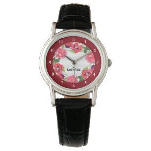 Montre Aquarelle Fleurs rouges et roses Cercle de couronn