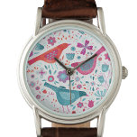Montre Aquarelle florale<br><div class="desc">Oiseaux et fleurs contemporains en vert turquoise, rouge et rose magenta. Art original de Nic Squirrell.</div>