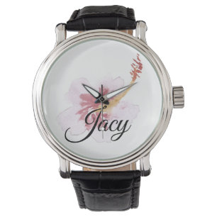 Montre Aquarelle Hibiscus Rose Écriture Nom Fête des Mère