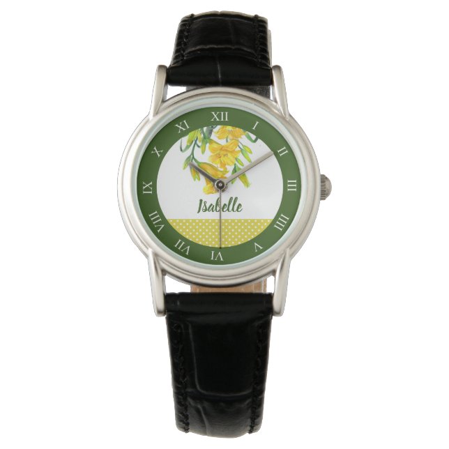 Montre Aquarelle Jaune Lys Floral chiffres romains (devant)