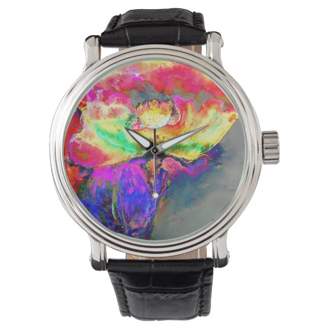 Montre aquarelle jaune rose Abstraite peinture florale (devant)