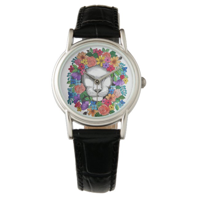 Montre Aquarelle Lion Et Fleurs Arc En Ciel (devant)