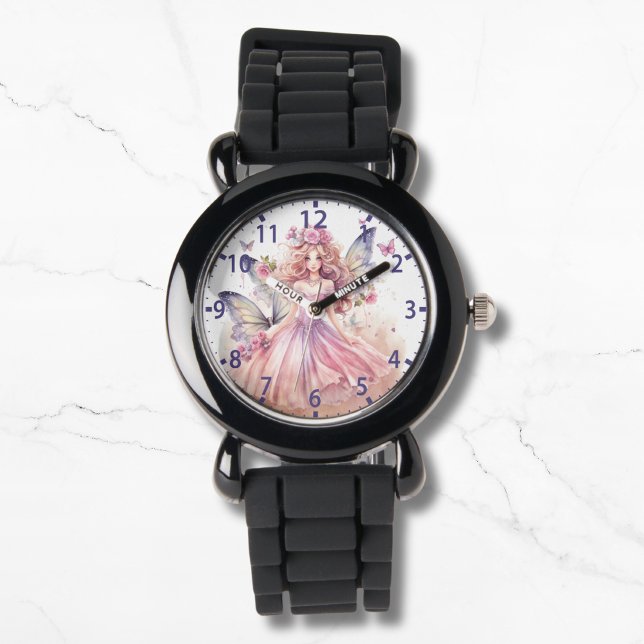 Montre Aquarelle mignonne Fée Rose Papillons Fille (Créateur téléchargé)